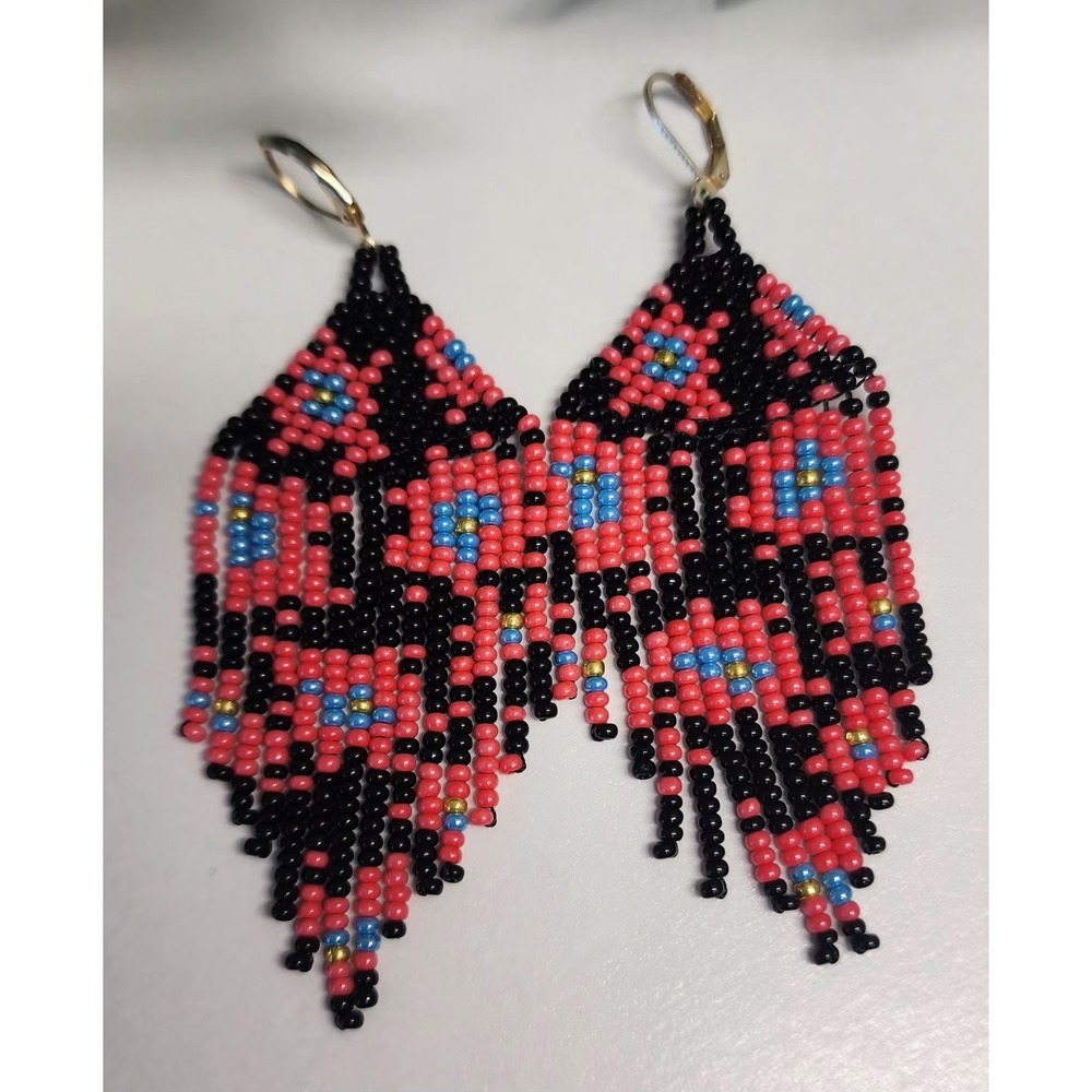 Coral Pink Black Floral Seed Bead Earrings Fringe Dangle.